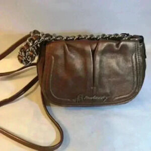 B Makowsky Metallic Bronze Leather Chunky Chain Shoulder Hand Bag Purse